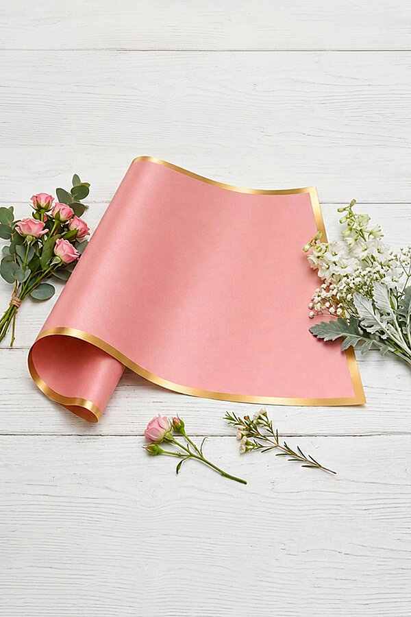 10lu Gold Şeritli Çiçek Ambalaj Kağıt Seti 57x57cm, Pembe (Çiçek Buket Ambalaj Kağıdı) - 2