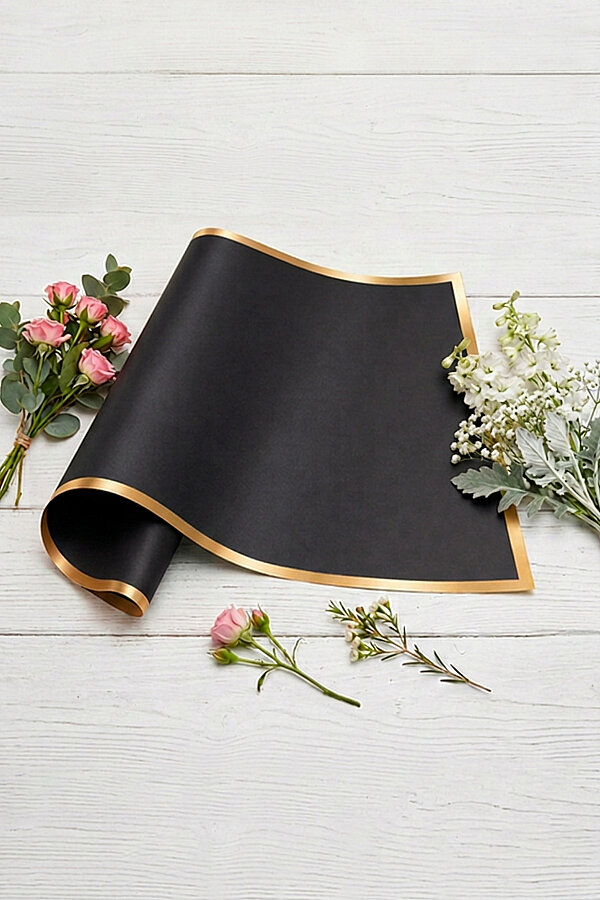 10lu Gold Şeritli Çiçek Ambalaj Kağıt Seti 57x57cm, Siyah (Çiçek Buket Ambalaj Kağıdı) - 2