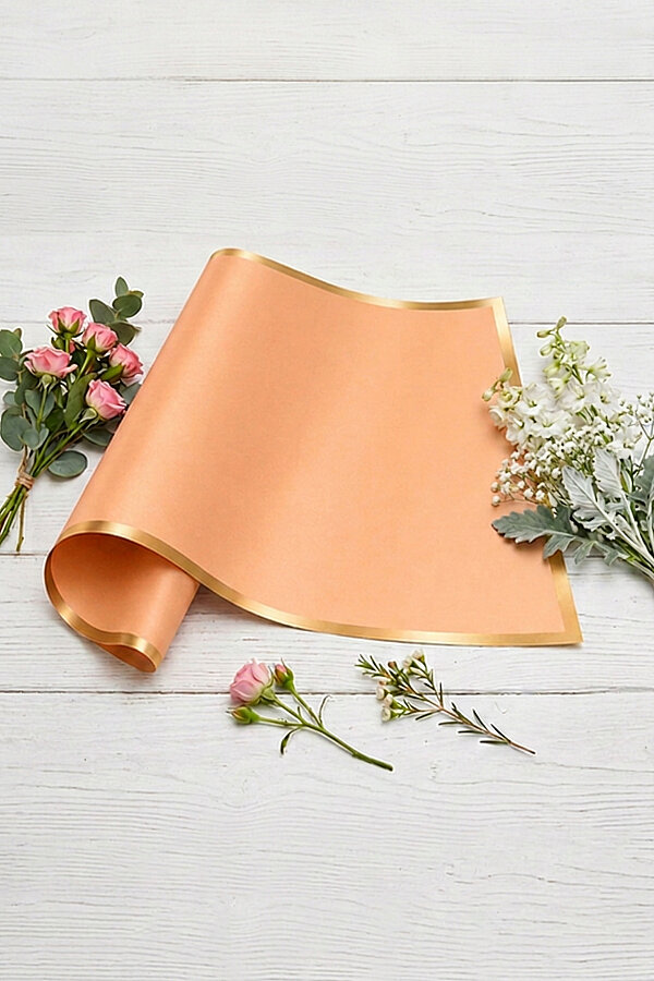 10lu Gold Şeritli Çiçek Ambalaj Kağıt Seti 57x57cm, Yavruağzı (Çiçek Buket Ambalaj Kağıdı) - 2