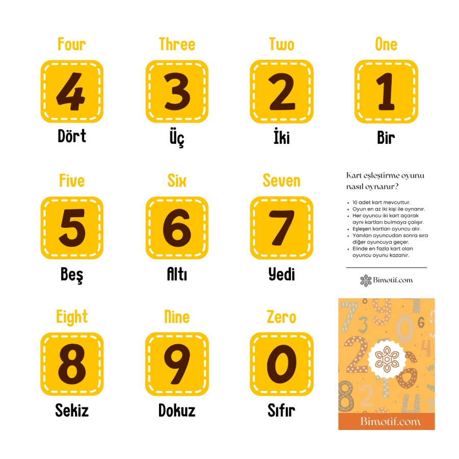 10lu ingilizce eğitici hafıza kartı oyunu, Rakamlar (Bağcıklı Kumaş Keseli) - 1