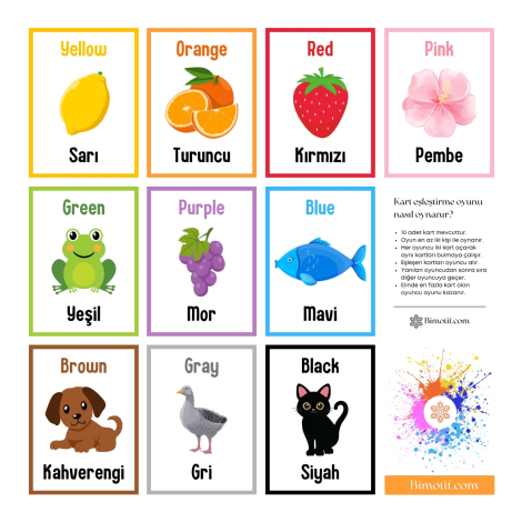 10lu ingilizce eğitici hafıza kartı oyunu, Renkli Hayvan ve Meyveler (Bağcıklı Kumaş Keseli) - Bimotif