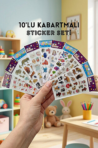 10lu Kabartmalı Yapışkan Sticker Seti, 13x7cm (Flamingo, Evcil ve Orman Hayvanları, Balıklar)