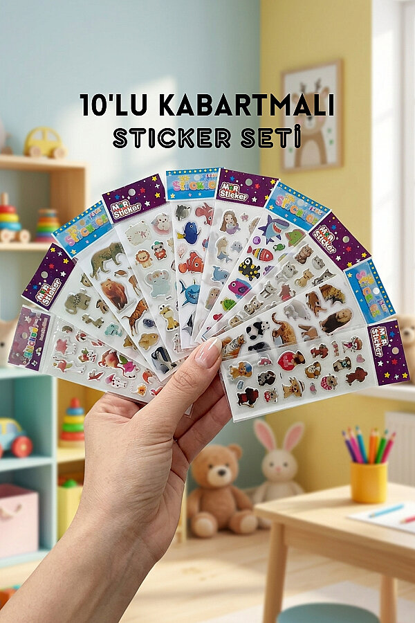 10lu Kabartmalı Yapışkan Sticker Seti, 13x7cm (Flamingo, Evcil ve Orman Hayvanları, Balıklar) - 1