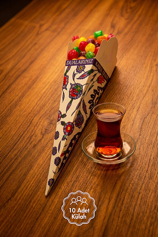 10lu Külah Kağıt Şeker Kutusu, 5x18cm, Şekerlik (Desenli Mevlid, Şeker, Lokum ve Akide Kutusu) - 1