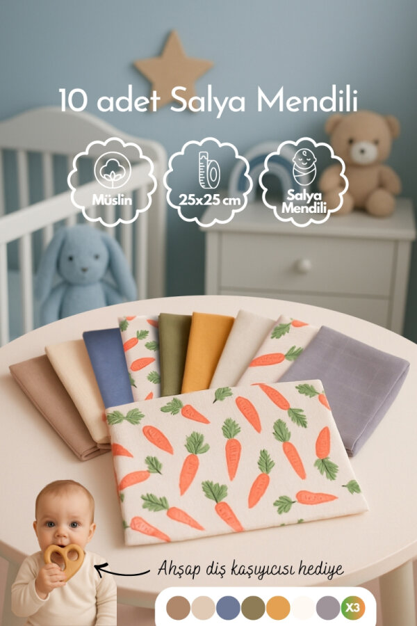 10lu Müslin Ağız Salya Mendili, Erkek Bebek, 25x25 cm, Organik Bebek Salya Mendil Seti - 1