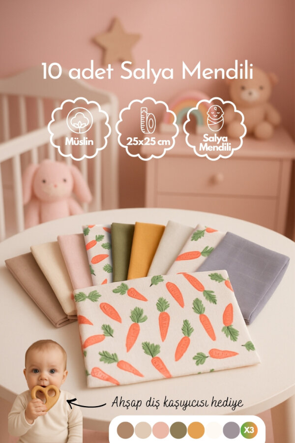 10lu Müslin Ağız Salya Mendili, Kız Bebek, 25x25 cm, Organik Bebek Salya Mendil Seti - 1