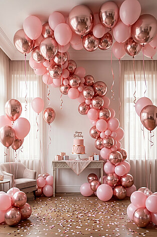 10'lu Renkli Balon Seti, 5'er Krom Pembe, Makaron (Pastel) Pembe, Doğum Günü Parti Süsü Balon - Bimotif (1)