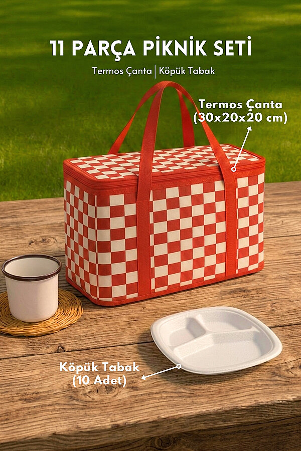 11 Parça Piknik Seti, Termos Çanta ve 10 adet Köpük Tabak (Kamp, Piknik, Outdoor için Malzeme Seti) - 1