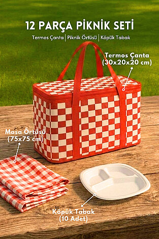 12 Parça Piknik Seti, Termos Çanta, 10 adet Köpük Tabak ve 75x75cm Piknik Masa Örtüsü - Bimotif
