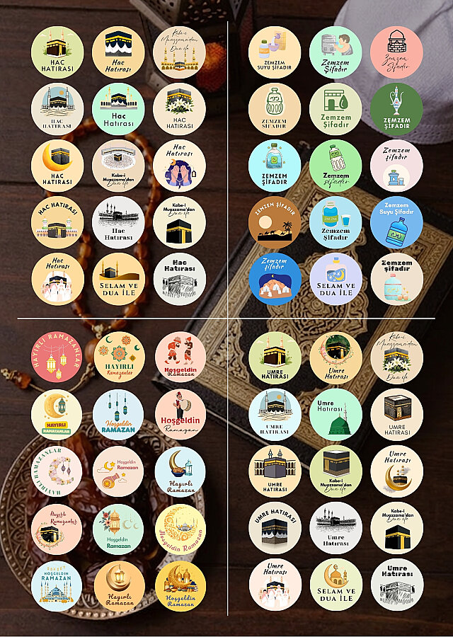 120 adet Karışık Hac, Umre, Ramazan ve Zem Zem Sticker Seti 4cm (8 sayfa Dini Ambalaj Etiketi) - 1