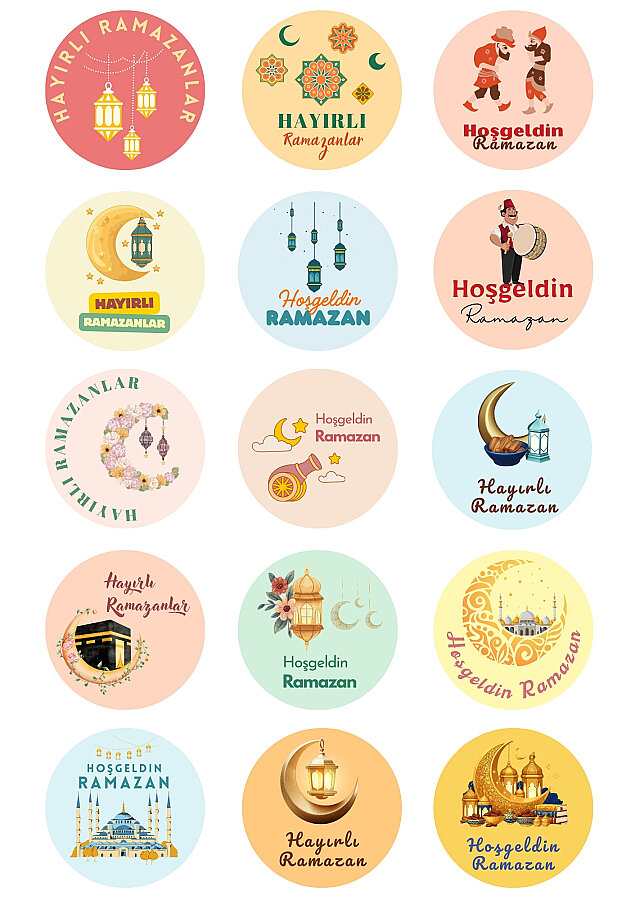 120 adet Karışık Hac, Umre, Ramazan ve Zem Zem Sticker Seti 4cm (8 sayfa Dini Ambalaj Etiketi) - 3