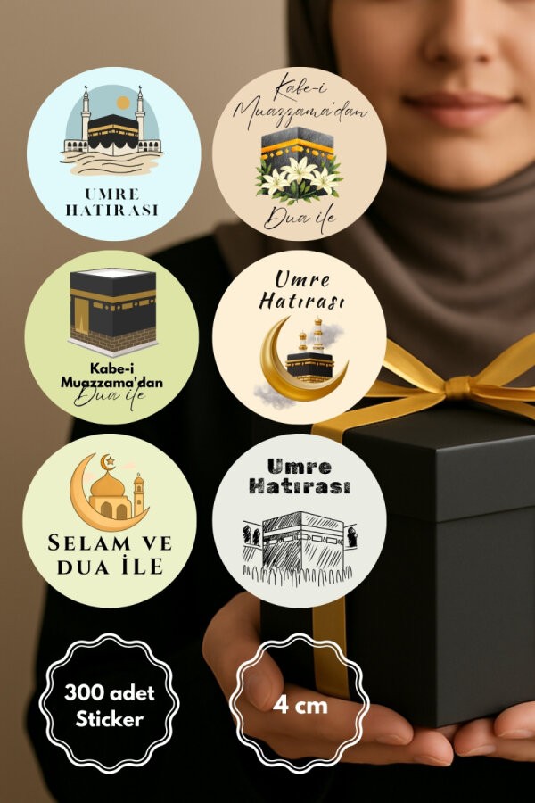 300 adet Hac ve Umre Hediyelerine Özel Paketleme Etiketi (4cm) Çıkartma Etiketi, Ambalaj Etiketi - 1