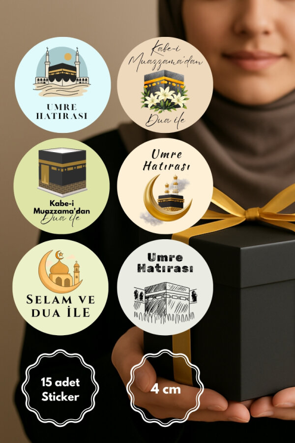 15 adet Hac ve Umre Hediyelerine Özel Paketleme Etiketi (4cm) Çıkartma Etiketi, Ambalaj Etiketi - 1