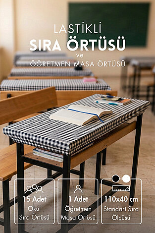 15'li Lastikli Okul Sıra Örtüsü (110x40 cm) + Öğretmen Masa Örtüsü (145x100 cm) - Siyah Pötikare - Bimotif