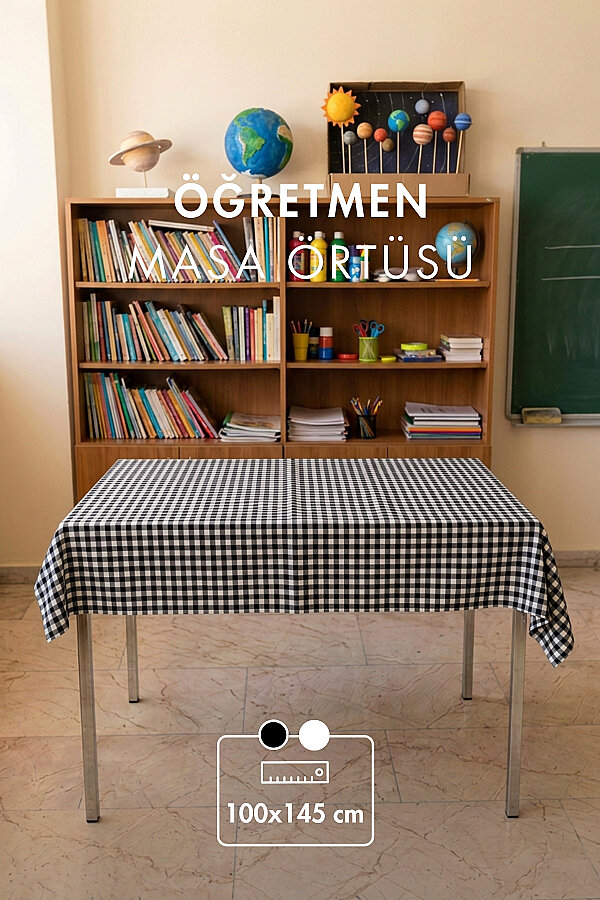15'li Lastikli Okul Sıra Örtüsü (110x40 cm) + Öğretmen Masa Örtüsü (145x100 cm) - Siyah Pötikare - 2