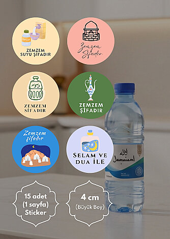 15 adet Zem Zem Suyu Sticker, Hac Hediyelerine Özel Paketleme Etiketi (4cm) Hediye Ambalaj Etiketi - Bimotif