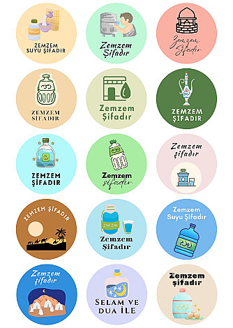 15 adet Zem Zem Suyu Sticker, Hac Hediyelerine Özel Paketleme Etiketi (4cm) Hediye Ambalaj Etiketi - Bimotif (1)