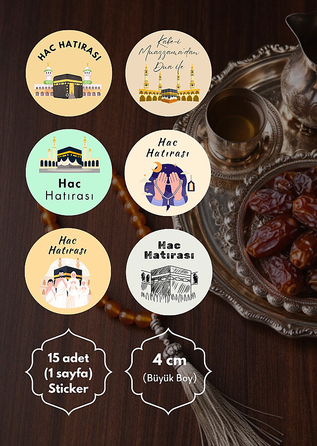 15 farklı Hac ve Kabe Sticker, 4x4cm Hediyelik Paketleme Sticker Seti, Ambalaj Etiketi (1 sayfa) - 2