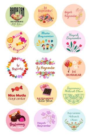 15 farklı İyi Bayramlar sticker, 4cm (Hayırlı Bayramlar, Ramazan Bayramı, Şeker Bayramı) / 1 sayfa - Bimotif