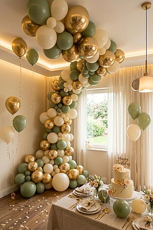 15'li Renkli Balon Seti, 5'er adet Krom Gold, Küf Yeşili, Pastel Beyaz, Doğum Günü Parti Süsü Balon - Bimotif (1)