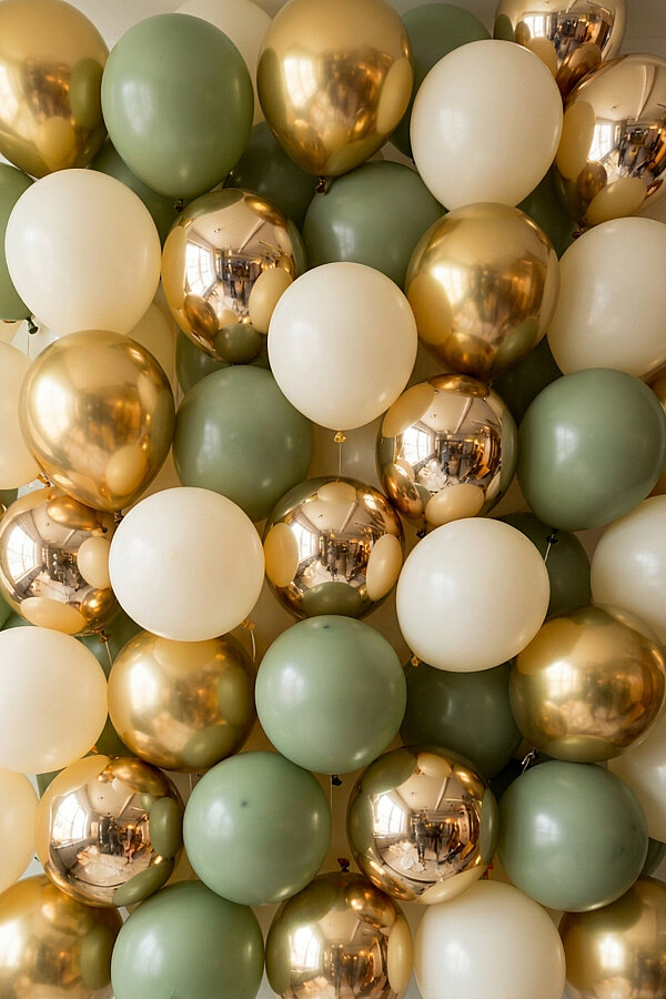 15'li Renkli Balon Seti, 5'er adet Krom Gold, Küf Yeşili, Pastel Beyaz, Doğum Günü Parti Süsü Balon - 1