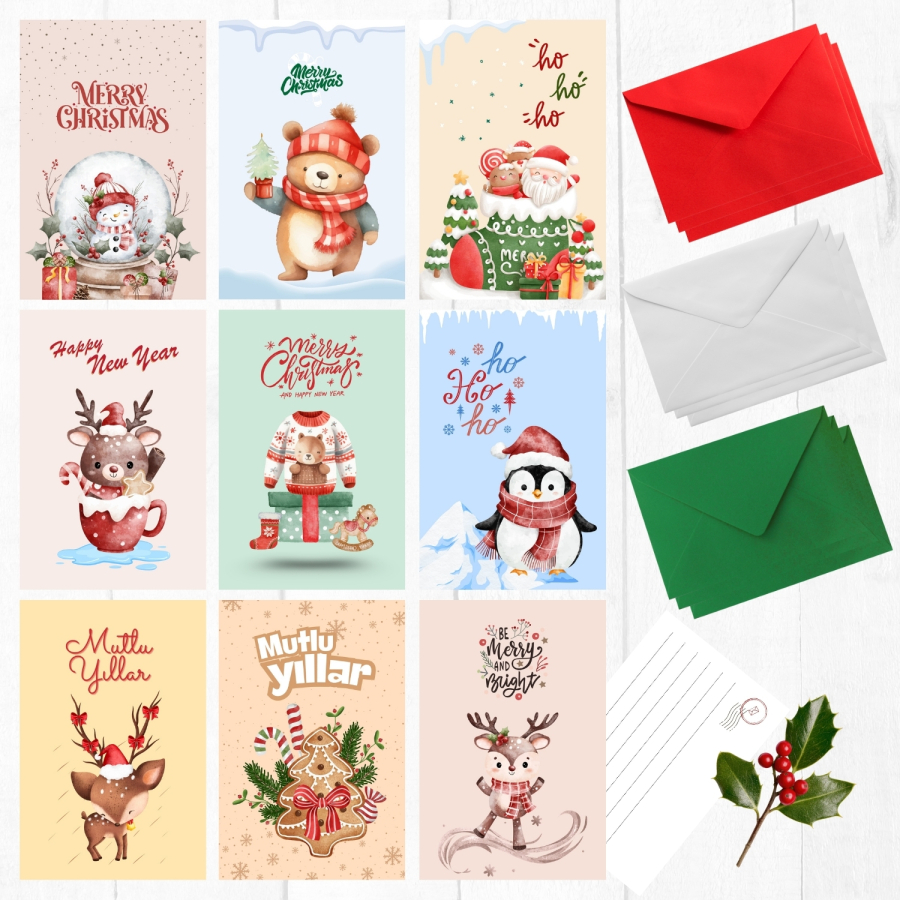 18 parça yılbaşı kartpostal ve zarf seti (9 adet kartpostal ve 3er adet Beyaz, Kırmızı, Yeşil zarf) - 1