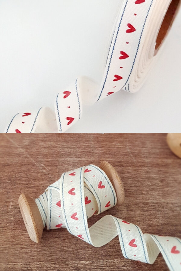 2 metre kalp desenli pamuk şerit kurdele, en 1.5 cm (Hediye paketi süsü) - 1