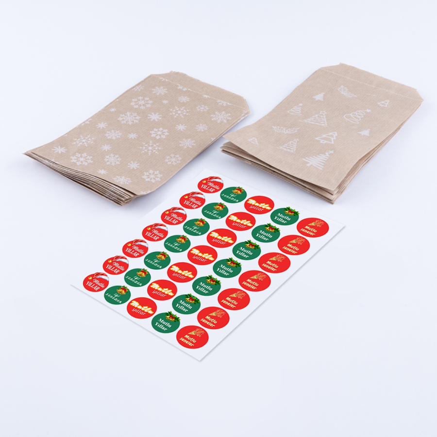 20 adet çam ve kar desenli kese kağıdı (11x20 cm ) ve çiçekli mutlu yıllar stickerdan oluşan set - 1