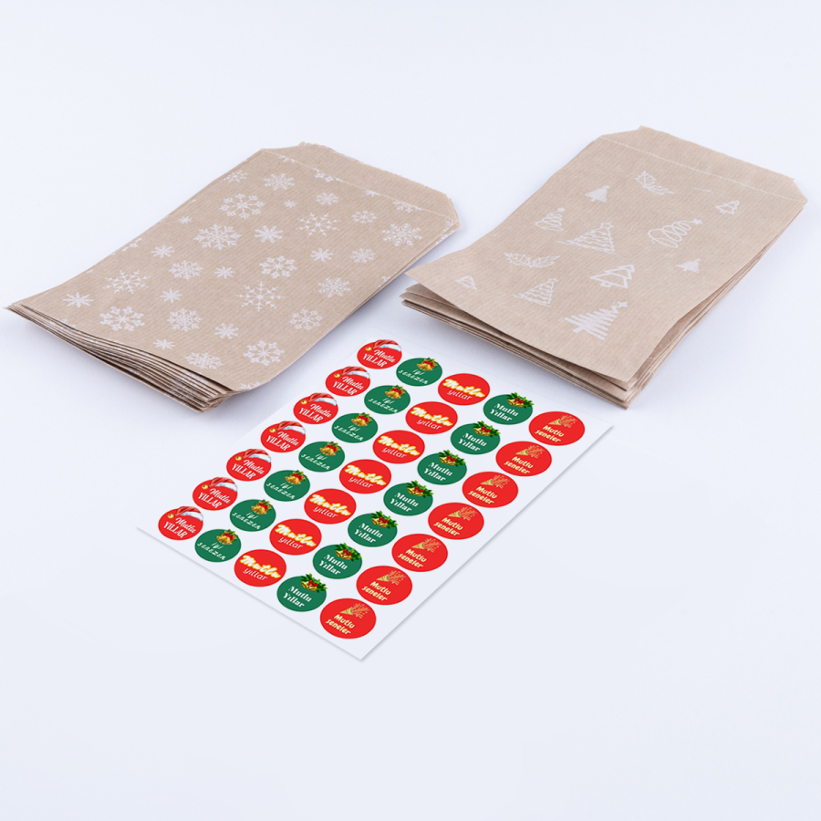 20 adet çam ve kar desenli kese kağıdı (18x30 cm ) ve çiçekli mutlu yıllar stickerdan oluşan set - 1