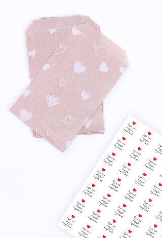 20 adet kalpli kese kağıdı (11x20 cm) ve stickerdan oluşan hediye paketi seti - Bimotif (1)