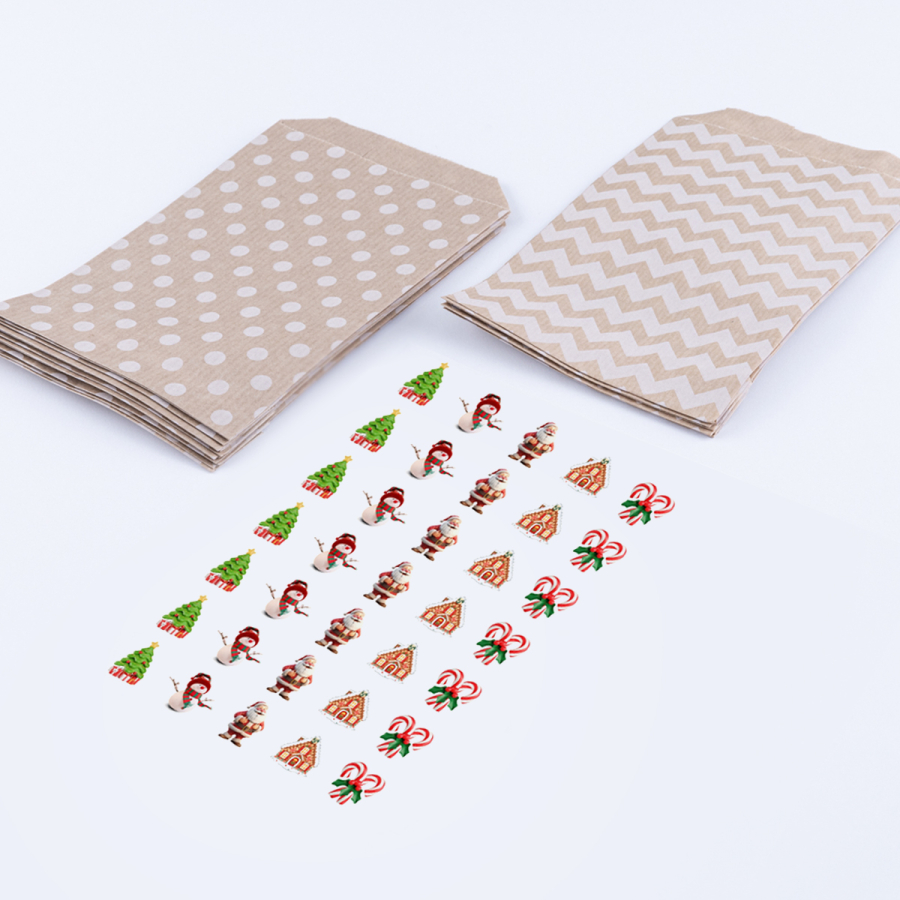 20 adet puantiye ve zikzak desenli kese kağıdı (18x30 cm ) ve çiçekli yılbaşı şekilli stickerdan oluşan set - 1