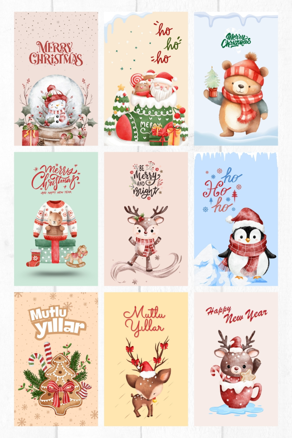 20 parça yılbaşı kartpostal, zarf ve sticker seti (9 adet kartpostal, 9 adet zarf, 2 sayfa sticker) - 2