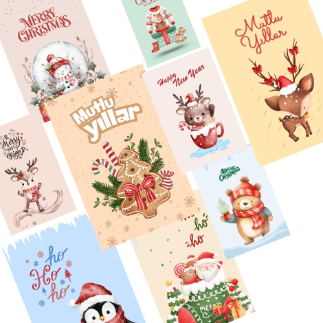 20 parça yılbaşı kartpostal, zarf ve sticker seti (9 adet kartpostal, 9 adet zarf, 2 sayfa sticker) - 3