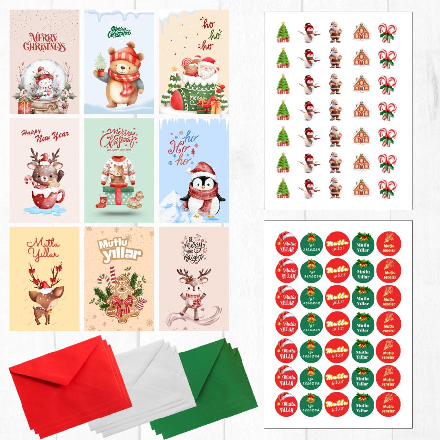 20 parça yılbaşı kartpostal, zarf ve sticker seti (9 adet kartpostal, 9 adet zarf, 2 sayfa sticker) - 1