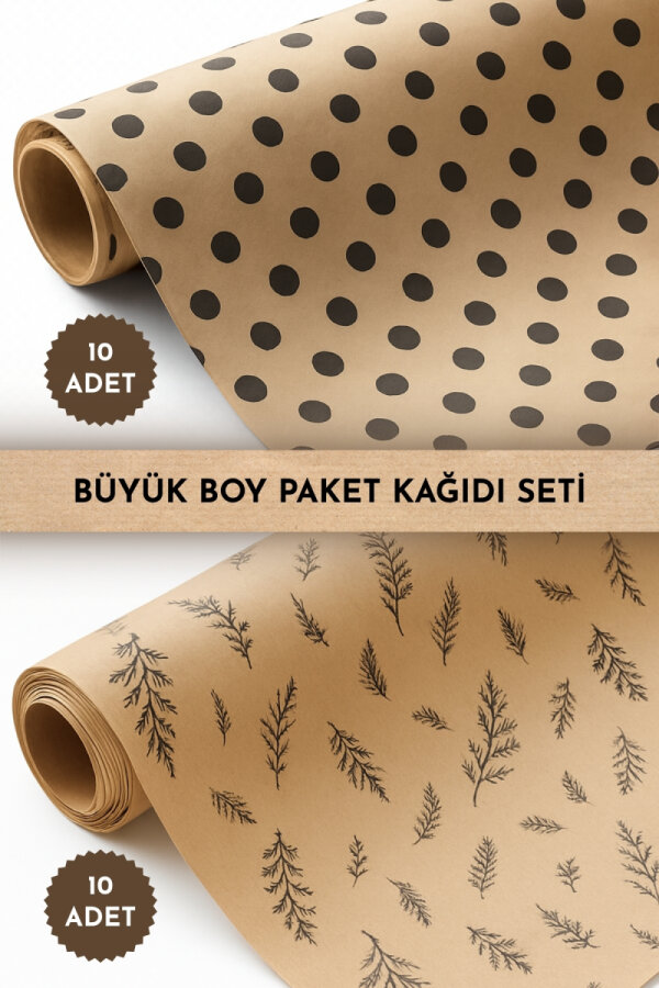 20'li Büyük Paket Kağıdı Seti (70x100 cm), Kraft puantiye ve yaprak desenli ambalaj kağıdı seti - 1