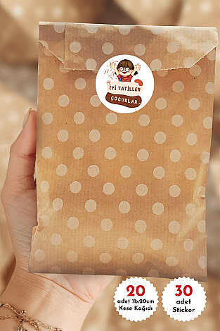 20li İyi Tatiller, Yaz Tatili Hediye Paketi (Puantiyeli Kese Kağıdı (11x20cm), 30 adet 4cm Sticker)