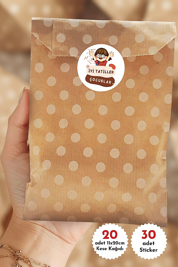 20li İyi Tatiller, Yaz Tatili Hediye Paketi (Puantiyeli Kese Kağıdı (11x20cm), 30 adet 4cm Sticker) - 1