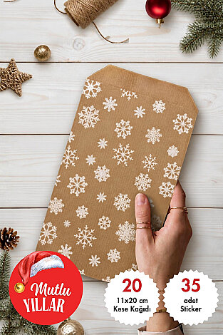 20'li Kar Desenli Yılbaşı Hediye Paketi Seti - 20 adet 11x20cm Kese Kağıdı + 35 adet Sticker - Bimotif