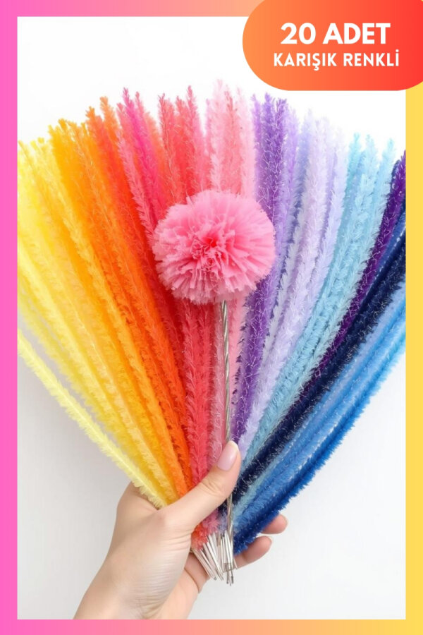 20li karışık tüylü tel şönil, 30 cm (el işi malzemesi, çiçek yapımı, hobi ve etkinlik seti) - 1