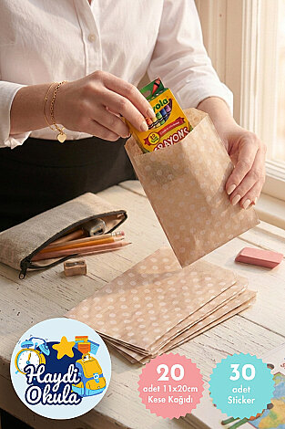 20'li Okula Dönüş Öğrenci Hediye Paketi - 20 adet 11x20 cm Puantiye Kese Kağıdı + 30 adet Sticker - Bimotif