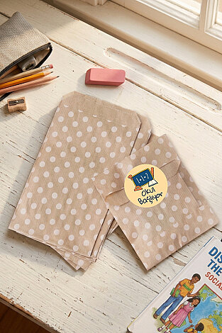 20'li Okula Dönüş Öğrenci Hediye Paketi - 20 adet 11x20 cm Puantiye Kese Kağıdı + 30 adet Sticker - Bimotif (1)