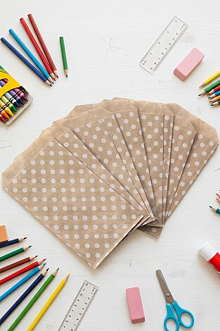 20'li Okula Dönüş Öğrenci Hediye Paketi - 20 adet 11x20 cm Puantiye Kese Kağıdı + 30 adet Sticker - 5