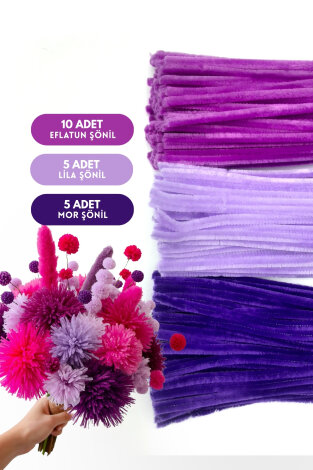 20li tüylü tel şönil, 30 cm (10 adet Eflatun, 5 adet Mor, 5 adet Lila, Çiçek Yapımına Uygun) - Bimotif
