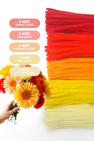 20li tüylü tel şönil, 30 cm (4'er adet Kırmızı, Nar, Turuncu, Sarı, Açık Sarı Şönil) - Bimotif