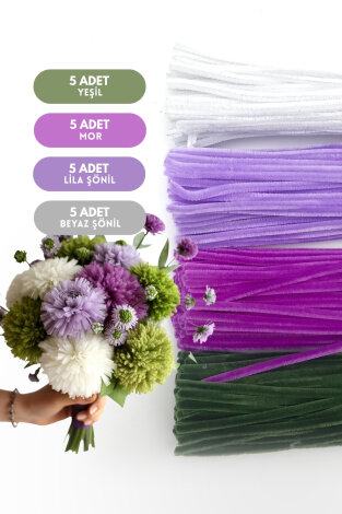 20li tüylü tel şönil, 30 cm (5'er adet Yeşil, Mor, Lila, Beyaz Şönil, Çiçek Yapımına Uygun) - Bimotif