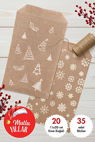 20'li Yılbaşı Hediye Paketi Seti - 10'ar adet Çam ve Kar 11x20 cm Kese Kağıdı + 35 adet Sticker - Bimotif