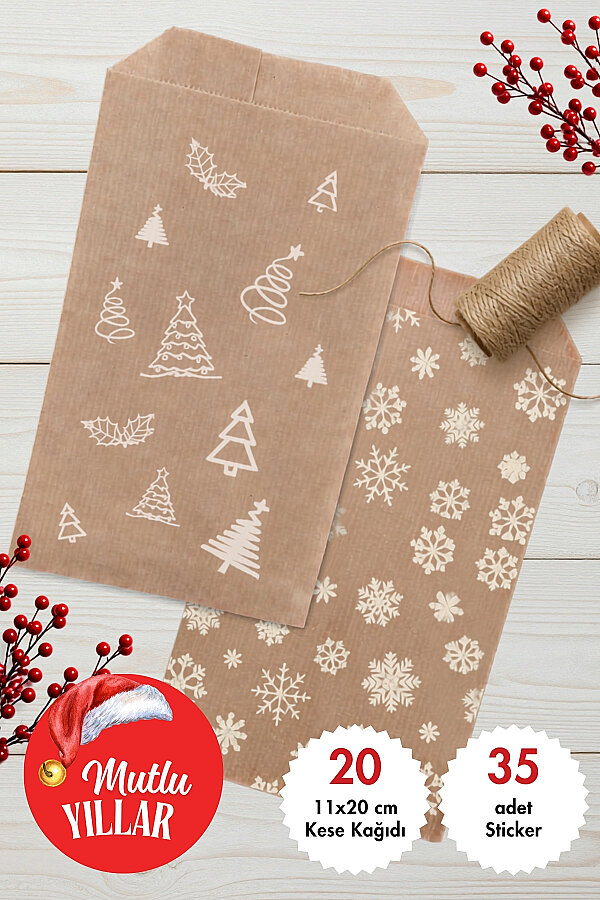20'li Yılbaşı Hediye Paketi Seti - 10'ar adet Çam ve Kar 11x20 cm Kese Kağıdı + 35 adet Sticker - 1