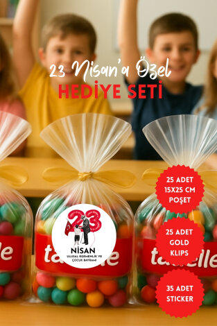 23 Nisan Hediye Poşeti Seti (25li Şeffaf Poşet 15x25 cm, 25 adet Klips, 30 adet 23 Nisan Sticker) - Bimotif