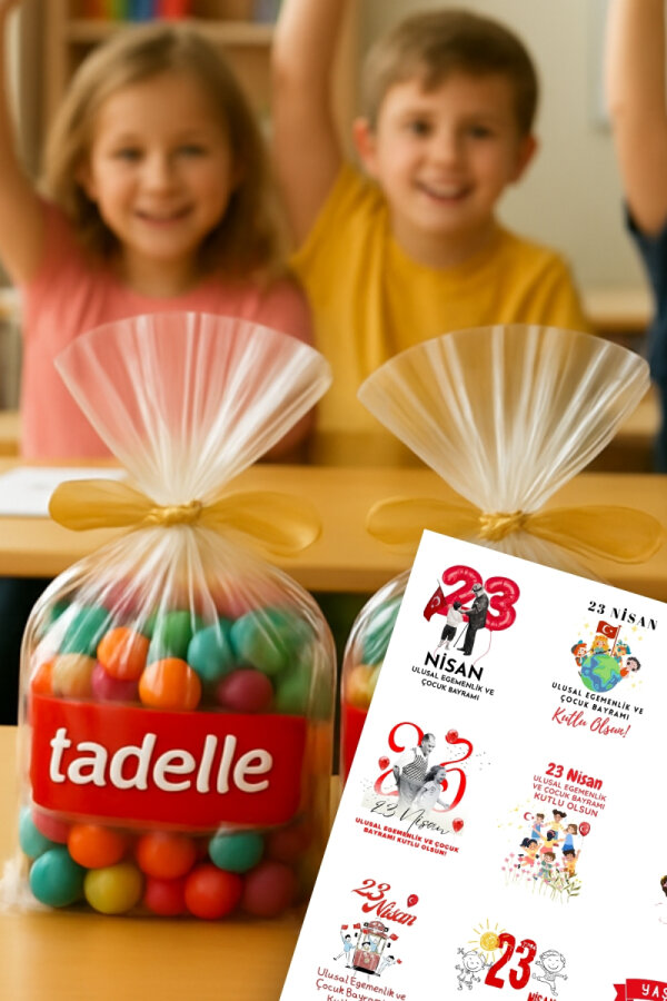 23 Nisan Hediye Poşeti Seti (25li Şeffaf Poşet 15x25 cm, 25 adet Klips, 30 adet 23 Nisan Sticker) - 2