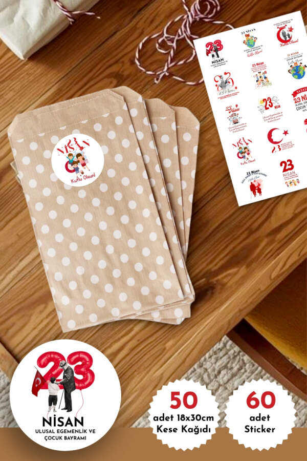 23 Nisan'a Özel Büyük Boy Hediye Paketi Seti, 50 adet kese kağıdı (18x30 cm) ve 60 adet Sticker - 1